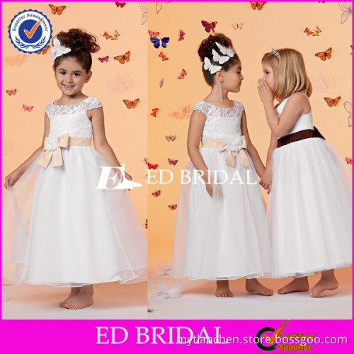 CE411 Cute Fancy Round Neck Cap Sleeve Flower Sash Net Flower Girl Dresses For Wedding